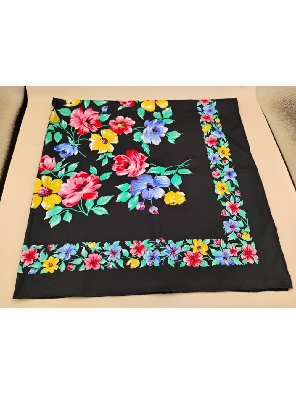 Vintage Black Floral Scarf Bold Multicolor Flowers 36" x 35" Lightweight